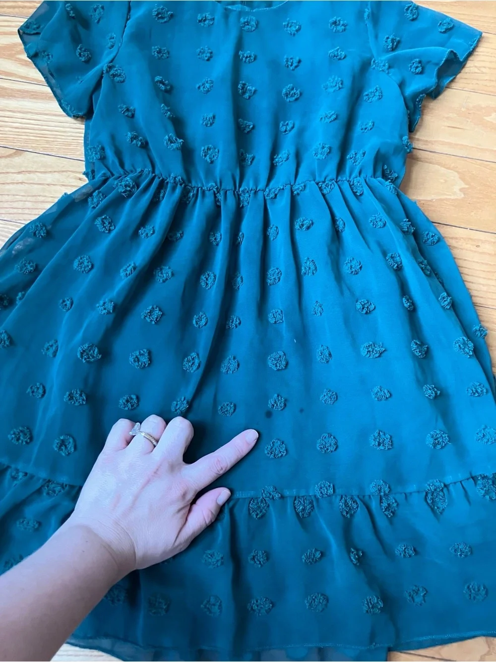 Girls 8-9 Deep Blue-Green chiffon dress with puffy dots